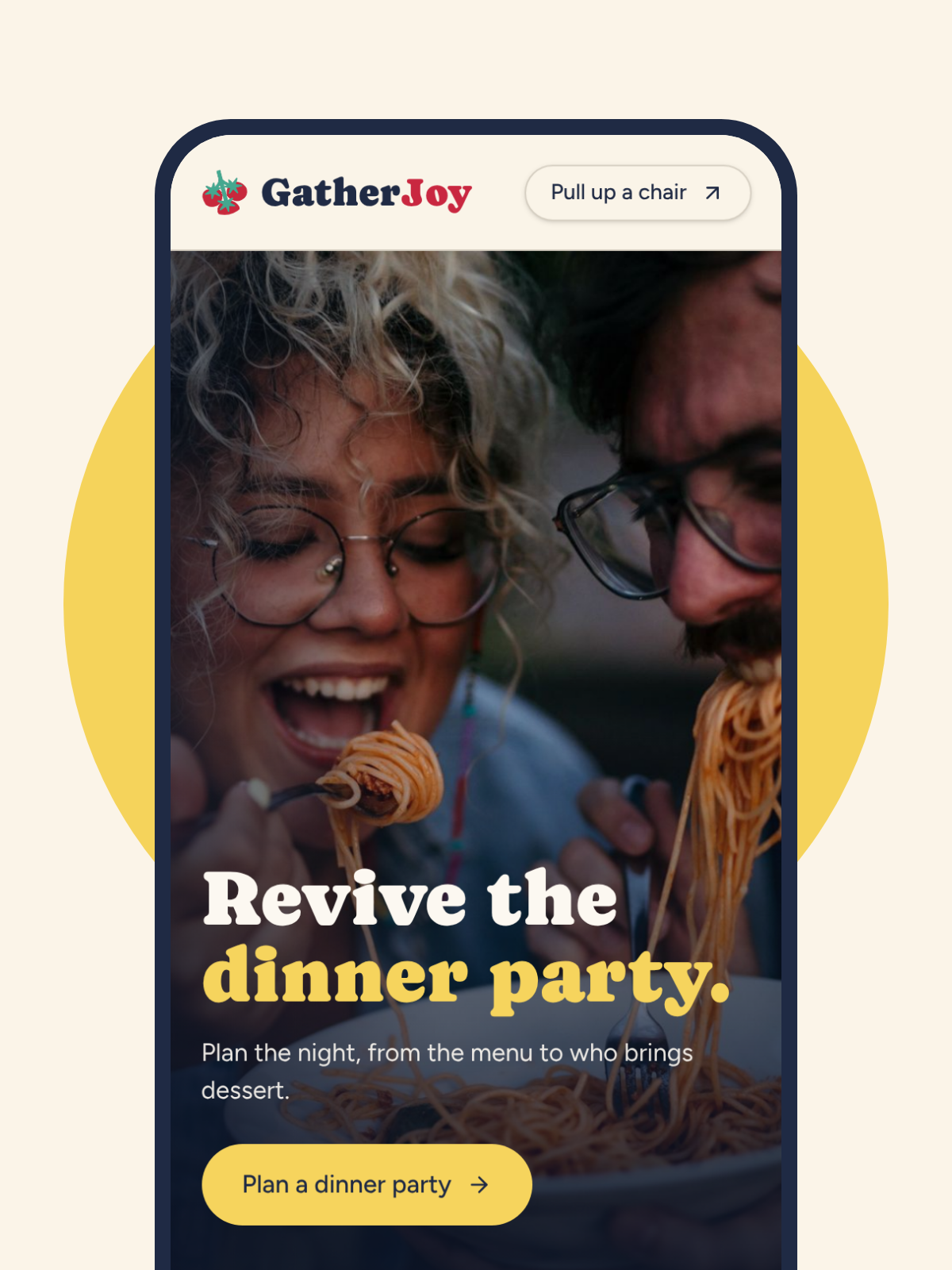GatherJoy homepage on a phone: Revive the dinner party, with a couple sharing spaghetti